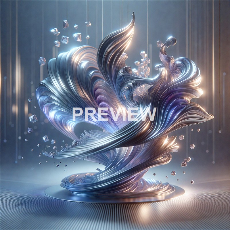 A swirling, metallic, and luminous abstract sculpture with flowing, ribbon-like forms and small floating geometric shapes, set against a softly lit background.